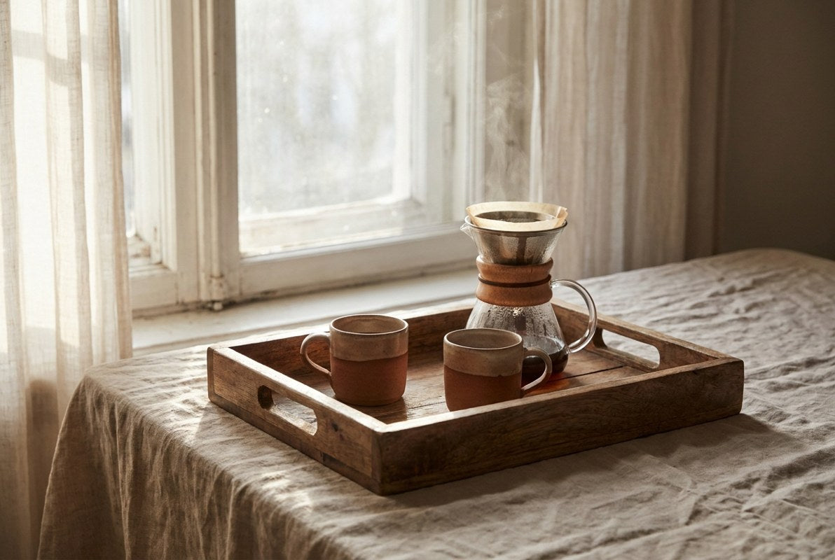 Plateau de service en bois avec deux tasses de café et une cafetière sur une table en lin
