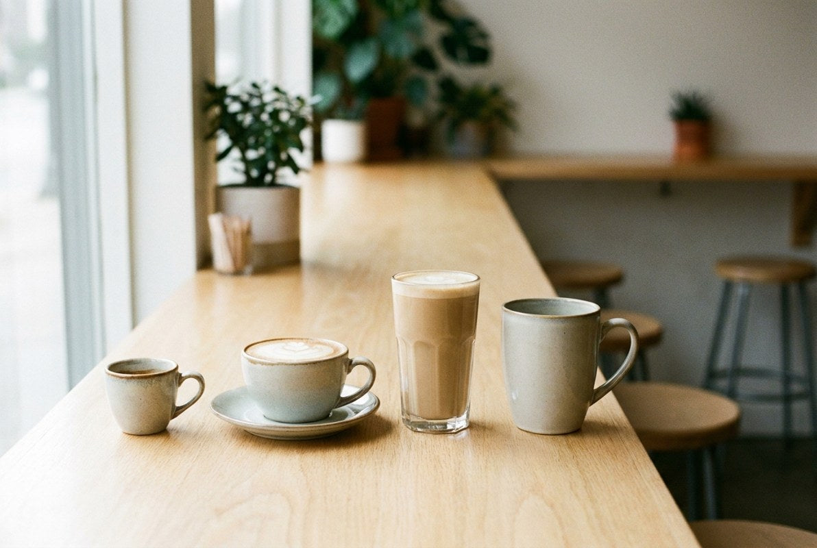 Quatre tasses de tailles différentes alignées sur un comptoir, de la tasse expresso au grand mug