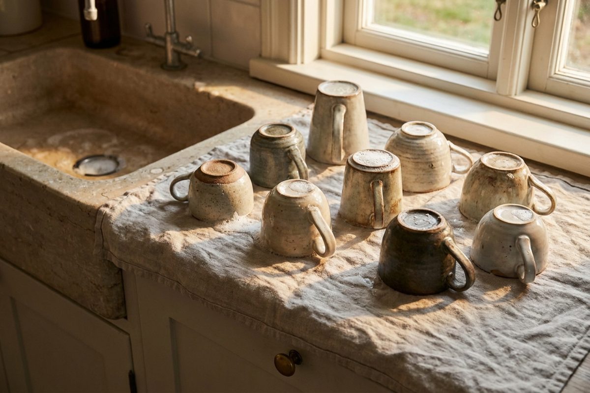 Tasses à café propres égouttées sur un torchon près d'un évier Image