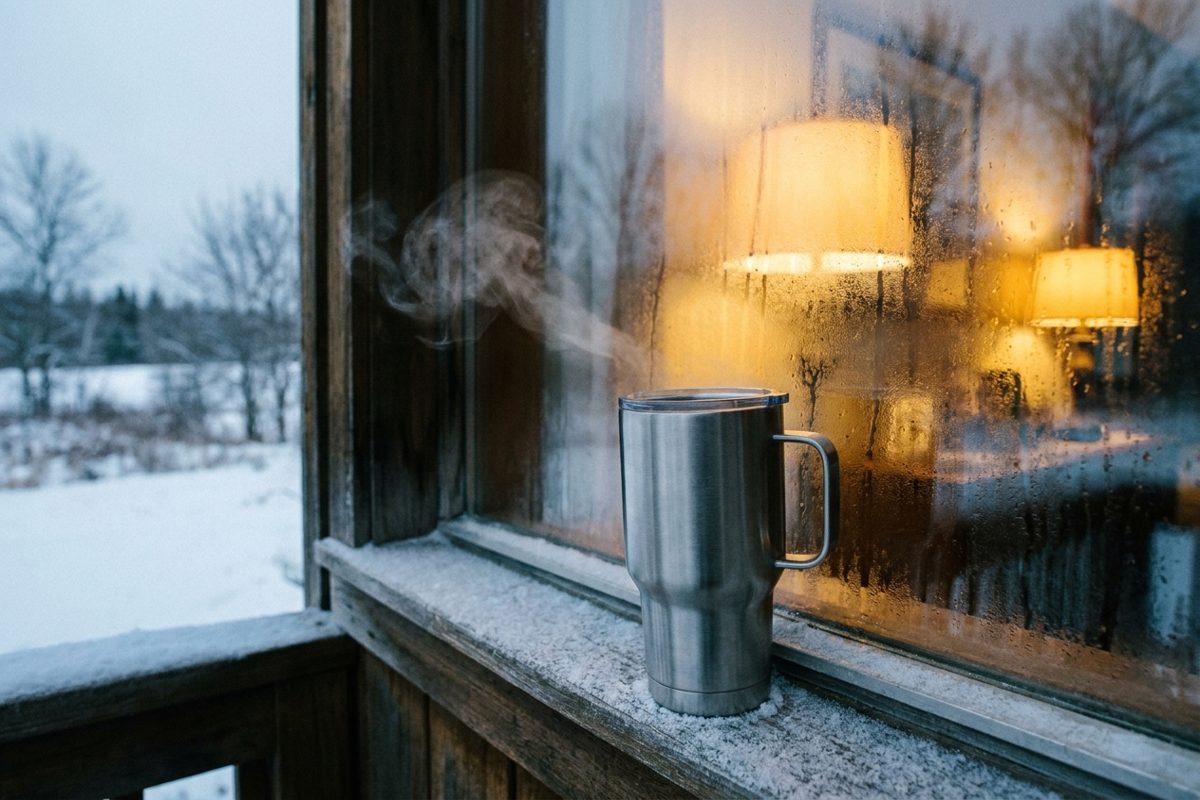 Mug isotherme en inox posé sur le rebord d'une fenêtre, buée sur la vitre