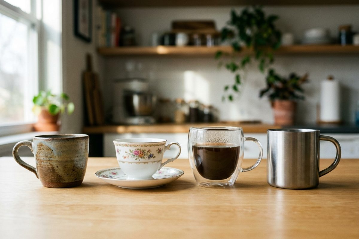 Tasses à café en céramique, en verre et en porcelaine alignées sur une table Image