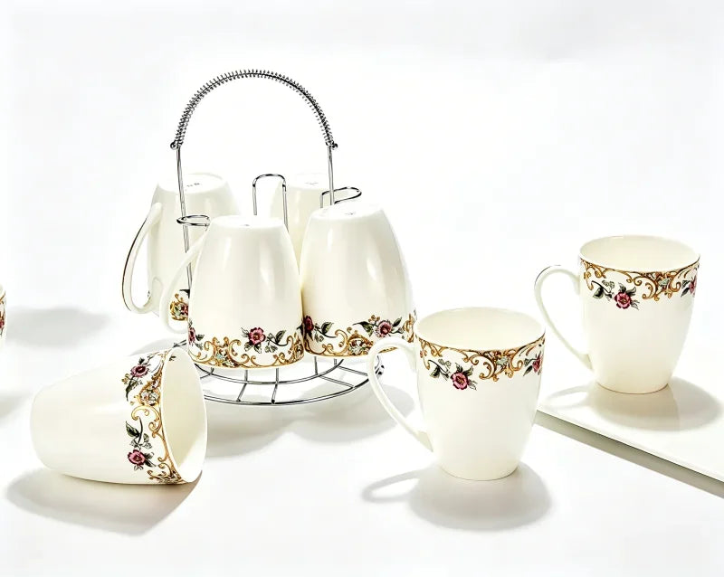 Ensemble De 6 Tasses En Porcelaine Fine Avec Support
