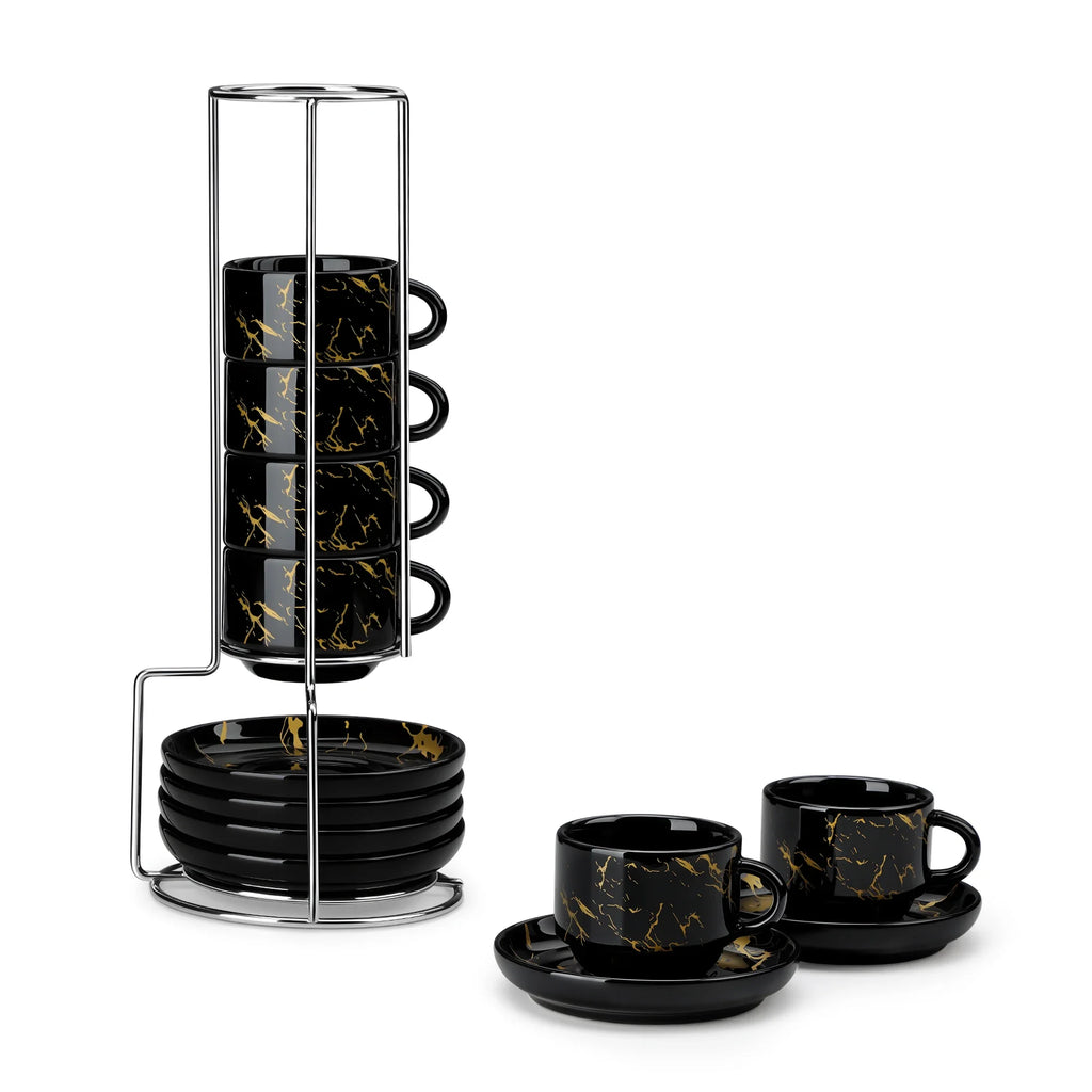 Ensemble De Tasses À Expresso En Porcelaine Avec Soucoupe Et Support Métallique