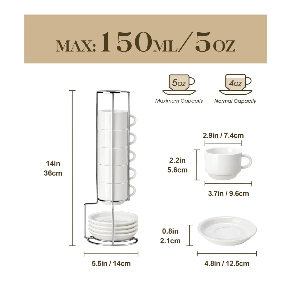 Ensemble De Tasses En Porcelaine Avec Soucoupes Et Support Métal