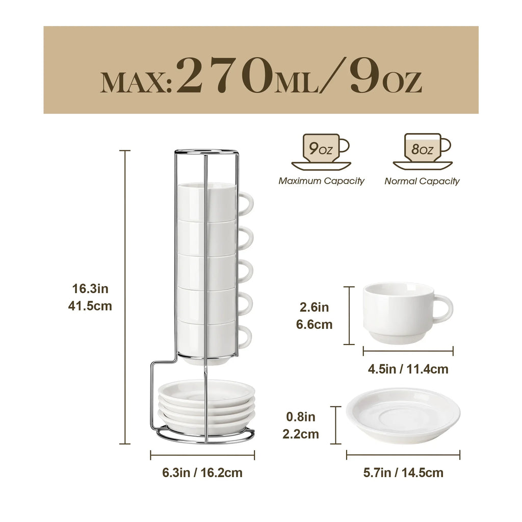 Ensemble De Tasses En Porcelaine Avec Soucoupes Et Support Métal