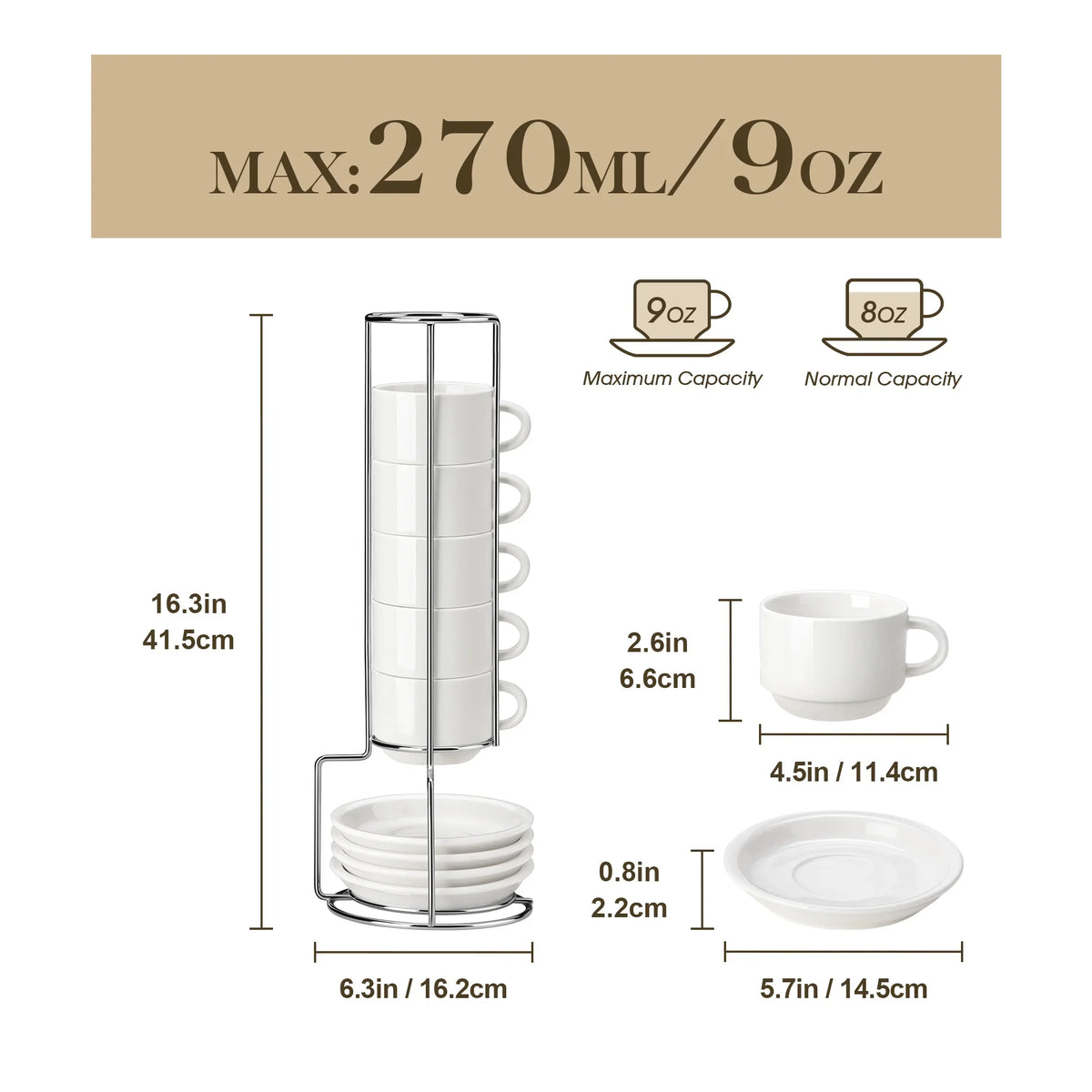 Ensemble De Tasses En Porcelaine Avec Soucoupes Et Support Métal