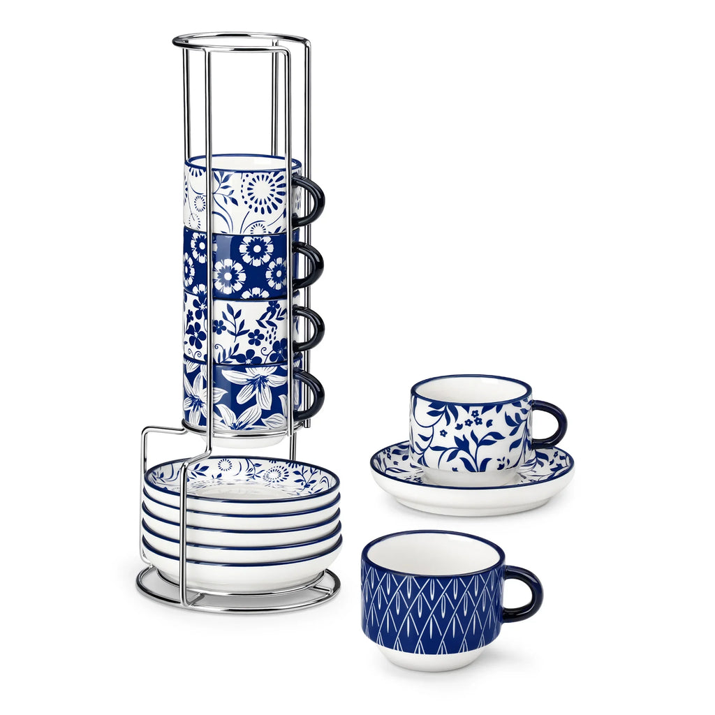 Ensemble de Tasses en Porcelaine Blanche avec Soucoupes et Support Métal