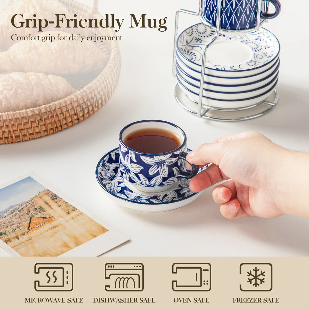 Ensemble de Tasses en Porcelaine Blanche avec Soucoupes et Support Métal