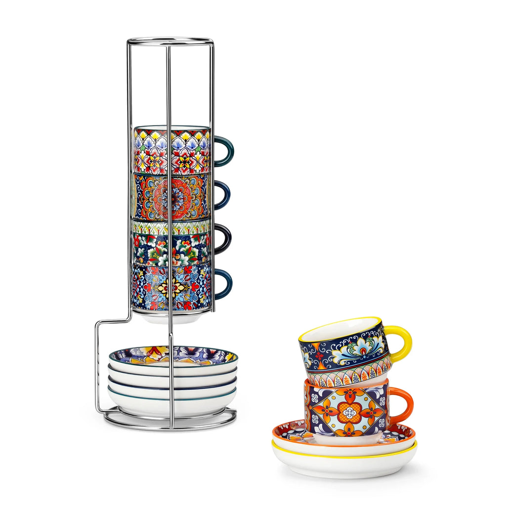 Ensemble De Tasses En Porcelaine Bohème Avec Soucoupes Et Support Métal