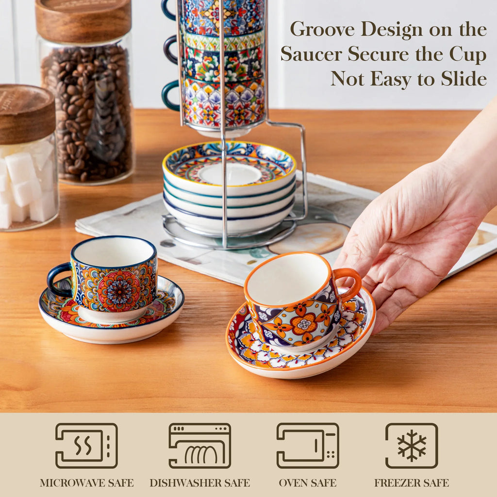 Ensemble De Tasses En Porcelaine Bohème Avec Soucoupes Et Support Métal