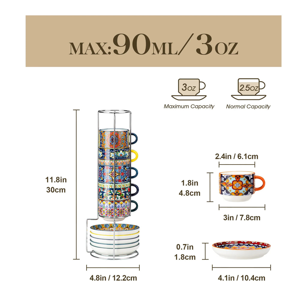 Ensemble De Tasses En Porcelaine Bohème Avec Soucoupes Et Support Métal