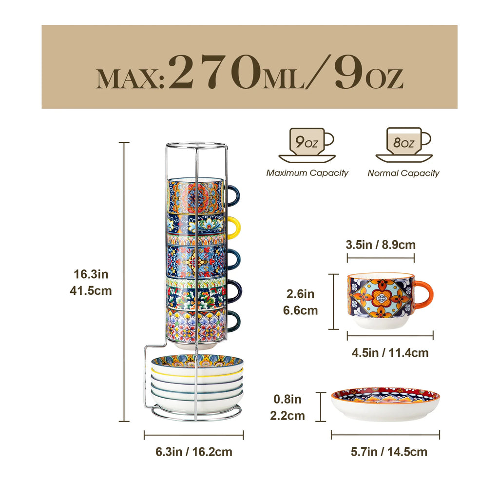 Ensemble De Tasses En Porcelaine Bohème Avec Soucoupes Et Support Métal