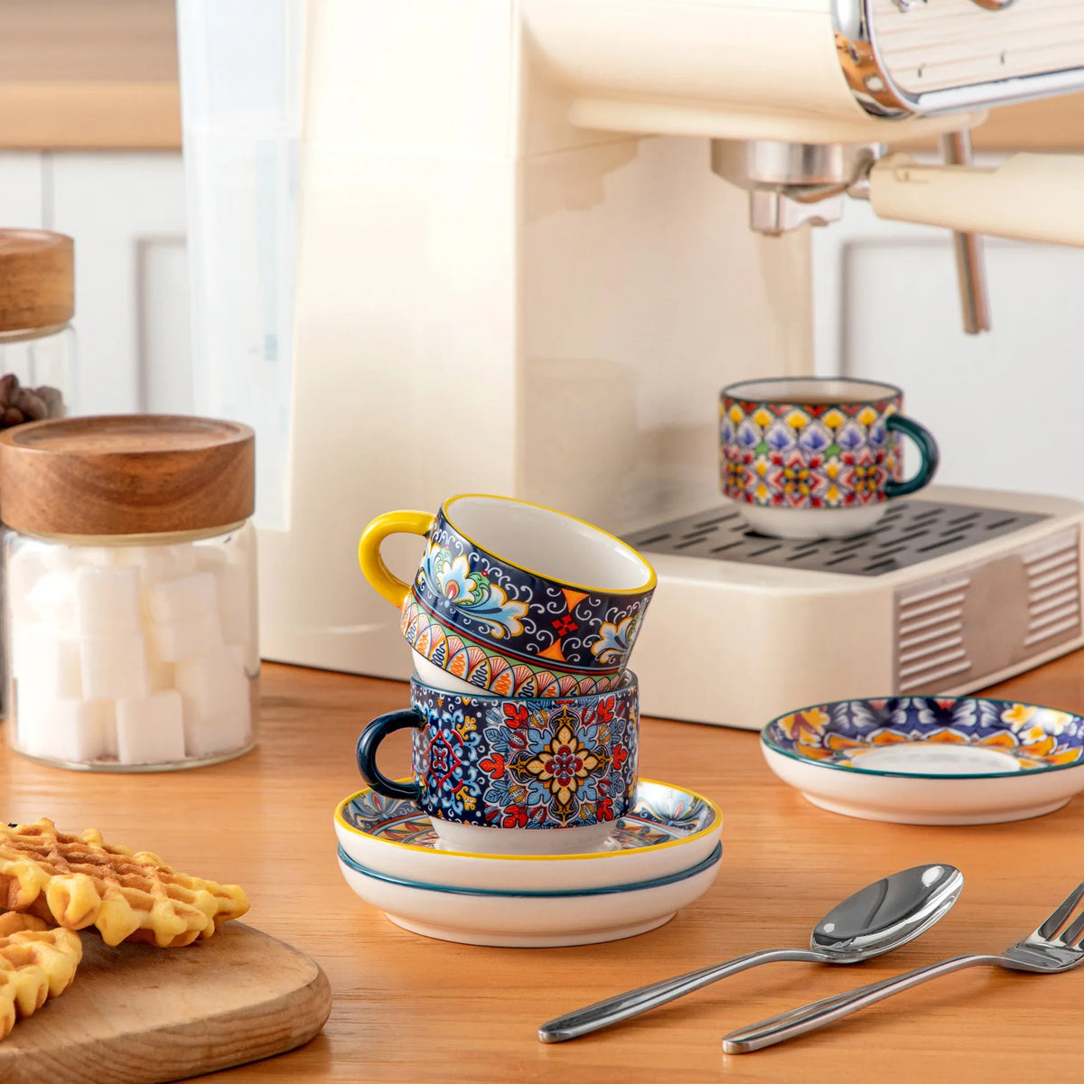 Ensemble De Tasses En Porcelaine Bohème Avec Soucoupes Et Support Métal Image