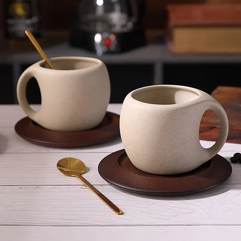 Ensemble Tasse À Café En Céramique Avec Soucoupe En Bois