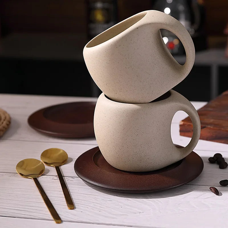 Ensemble Tasse À Café En Céramique Avec Soucoupe En Bois