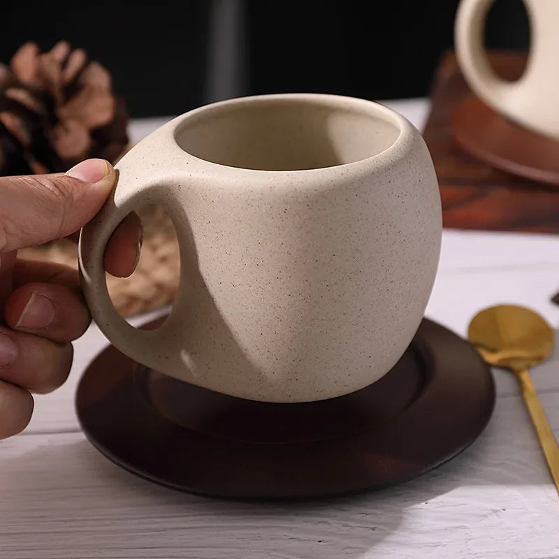 Ensemble Tasse À Café En Céramique Avec Soucoupe En Bois