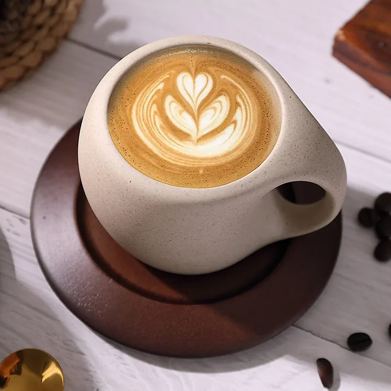 Ensemble Tasse À Café En Céramique Avec Soucoupe En Bois