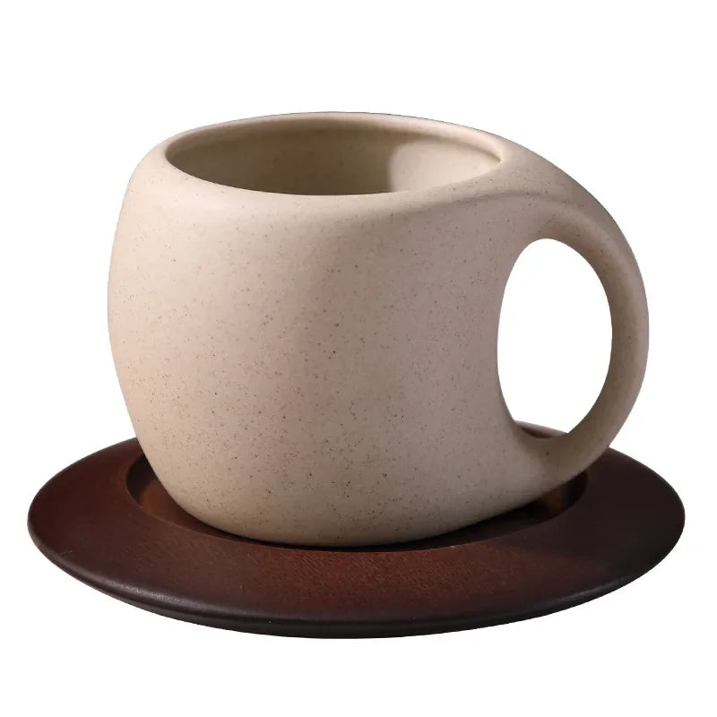Ensemble Tasse À Café En Céramique Avec Soucoupe En Bois