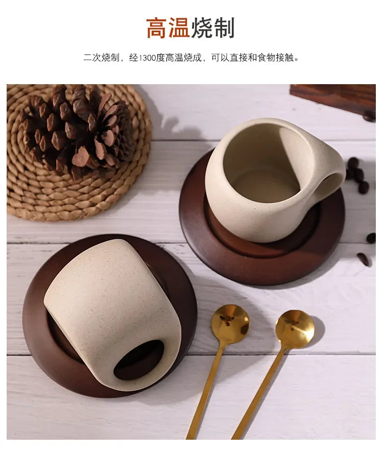 Ensemble Tasse À Café En Céramique Avec Soucoupe En Bois