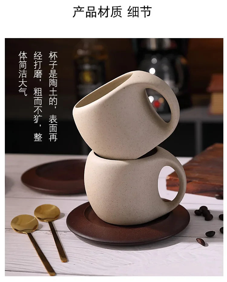 Ensemble Tasse À Café En Céramique Avec Soucoupe En Bois