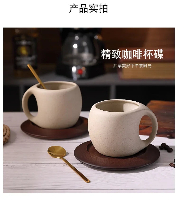 Ensemble Tasse À Café En Céramique Avec Soucoupe En Bois