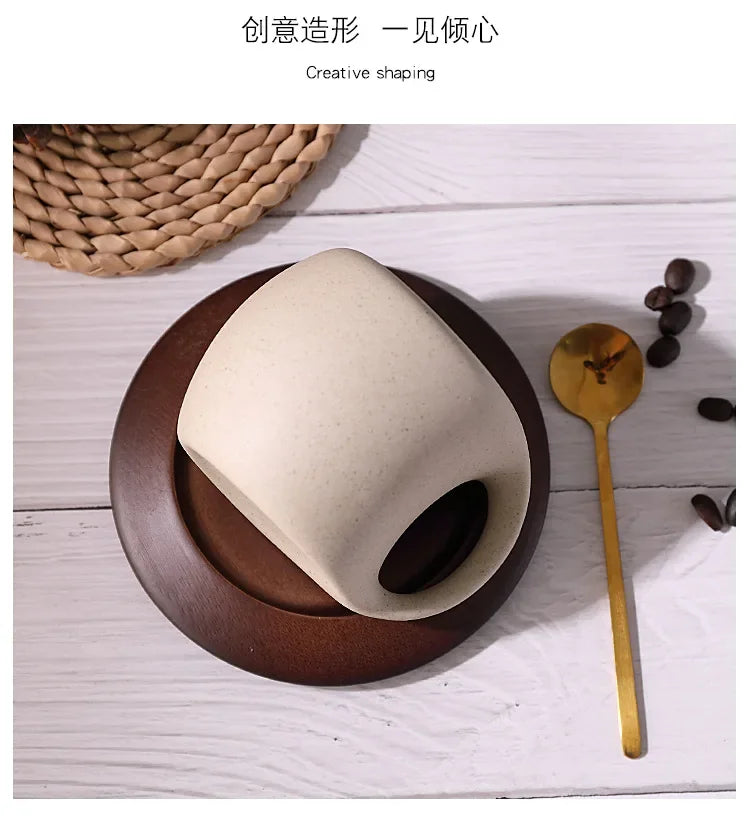 Ensemble Tasse À Café En Céramique Avec Soucoupe En Bois