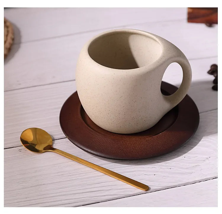 Ensemble Tasse À Café En Céramique Avec Soucoupe En Bois