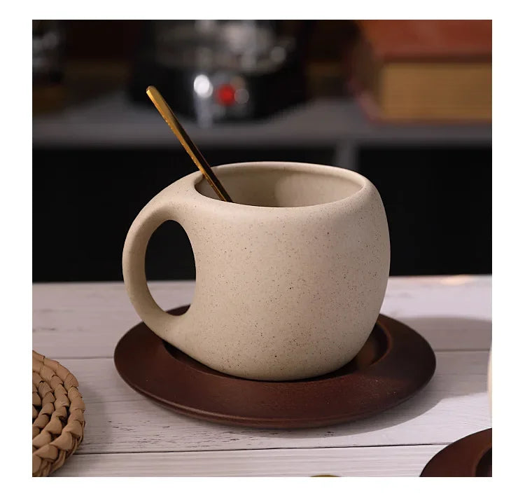 Ensemble Tasse À Café En Céramique Avec Soucoupe En Bois