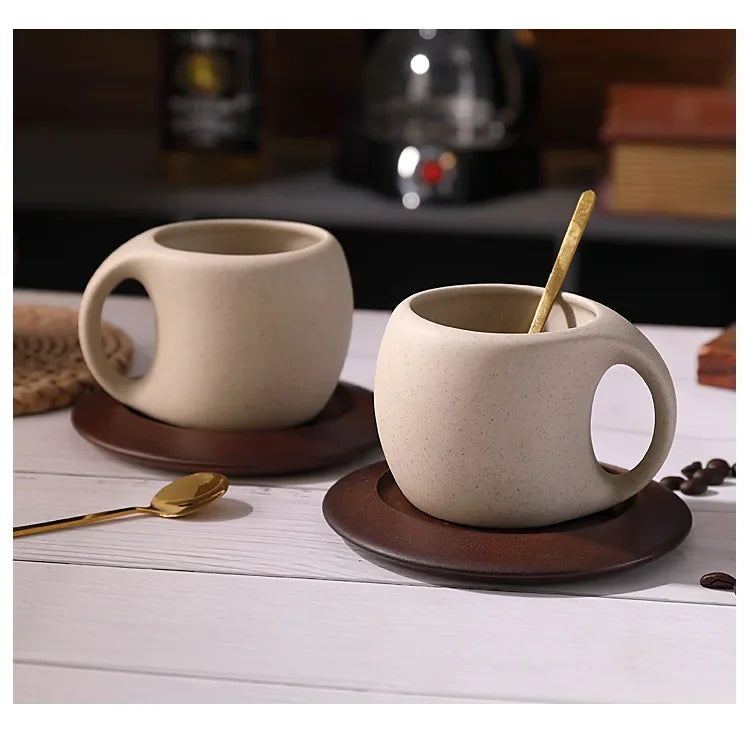 Ensemble Tasse À Café En Céramique Avec Soucoupe En Bois