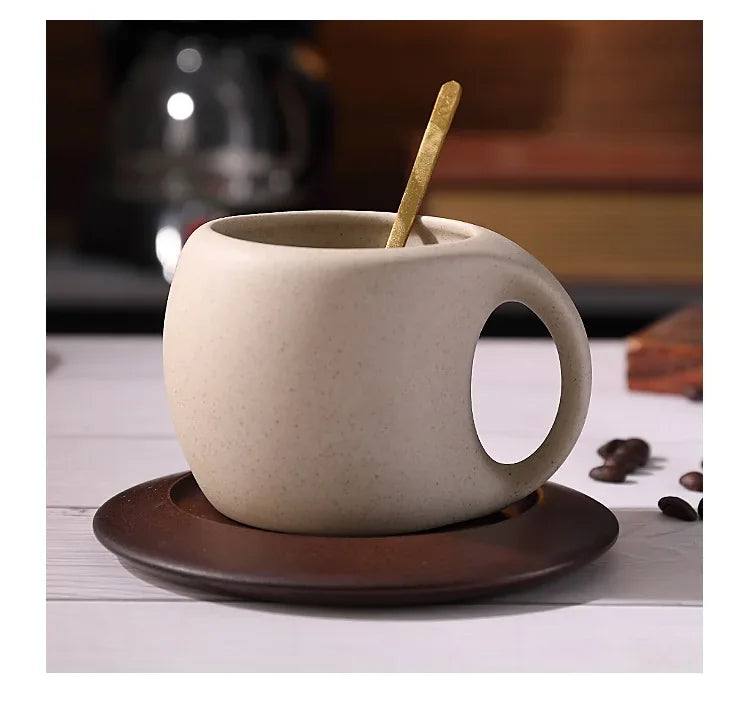 Ensemble Tasse À Café En Céramique Avec Soucoupe En Bois
