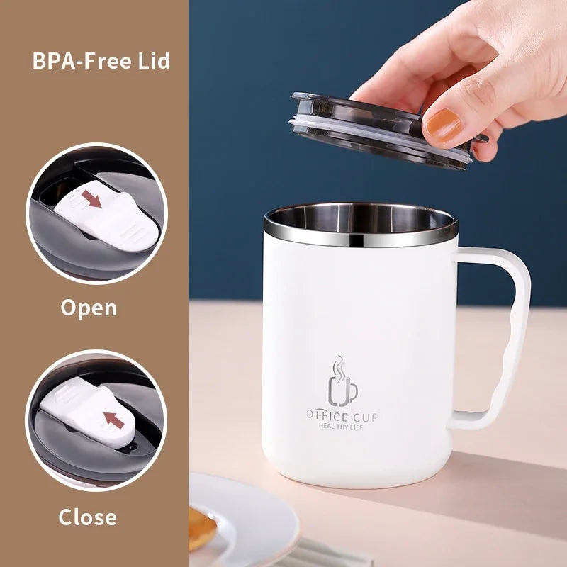 Mug Isotherme Inox Double Paroi 500 ml Avec Couvercle et Anse Plastique