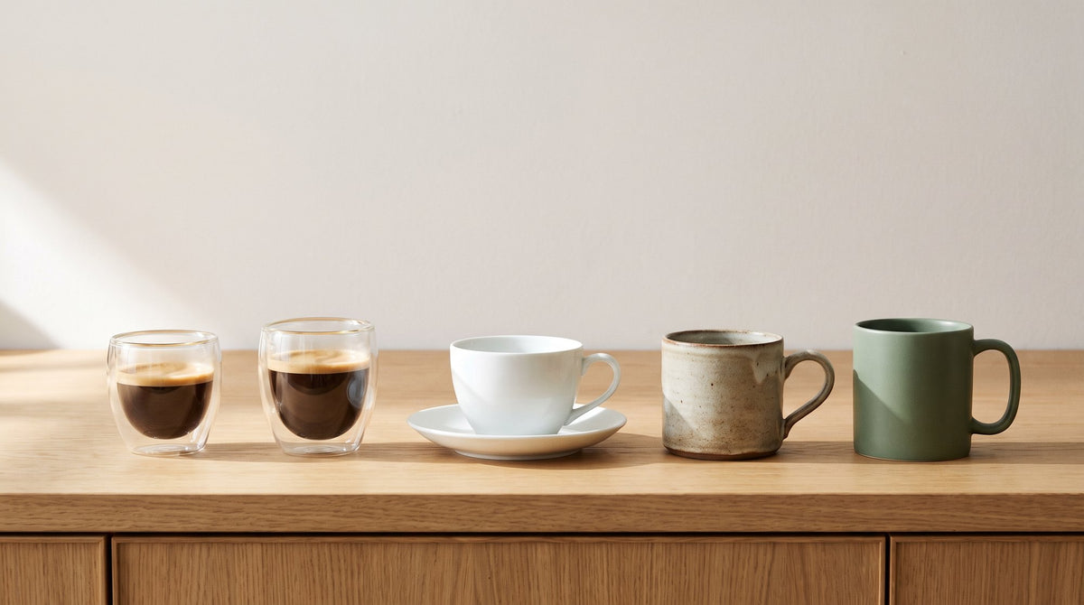 Tasses à café en verre double paroi, porcelaine, grès et céramique alignées sur un plan de travail en chêne