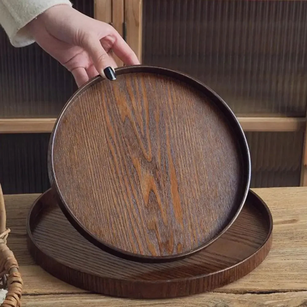 Plateau de Service Rond de Bois Style Vintage