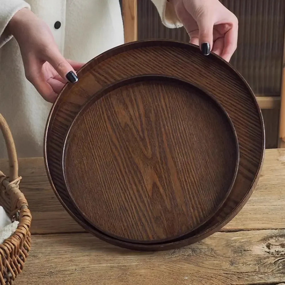 Plateau de Service Rond de Bois Style Vintage