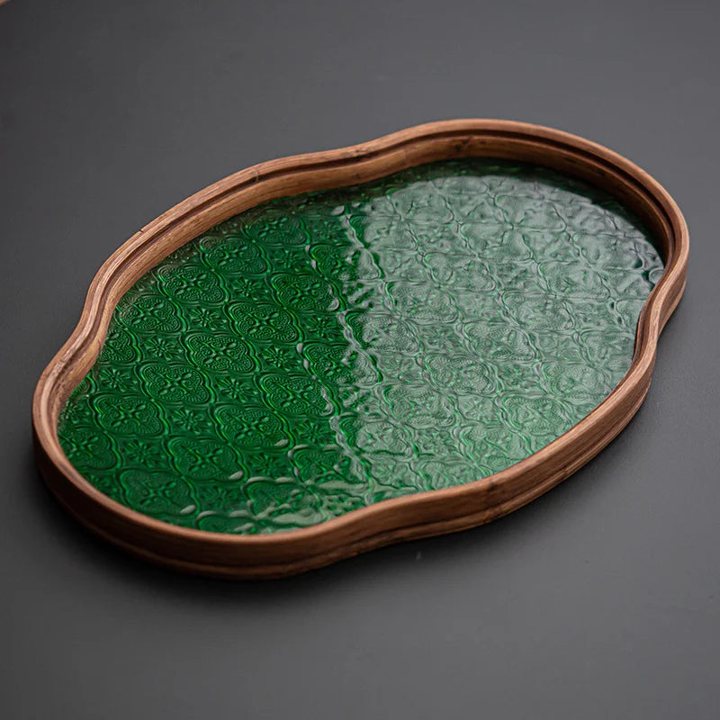 Plateau De Thé Rétro En Verre Trempé — Chine Vintage Bégonia Vert, photo 6
