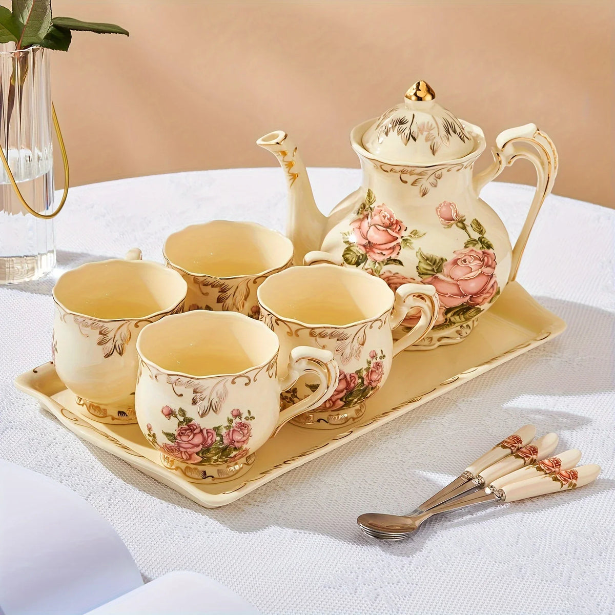 Service À Thé Floral En Céramique Avec Support Doré