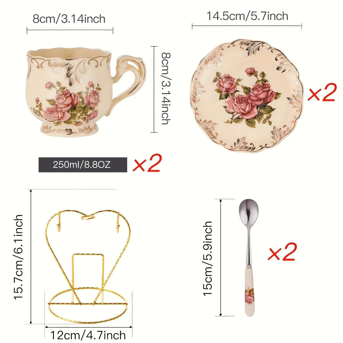 Service À Thé Floral En Céramique Avec Support Doré