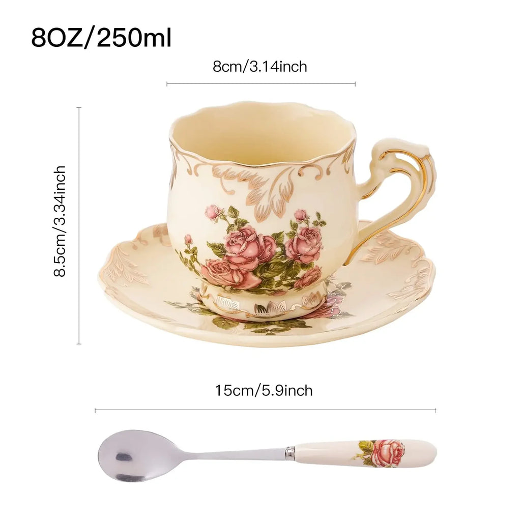 Service À Thé Floral En Céramique Avec Support Doré