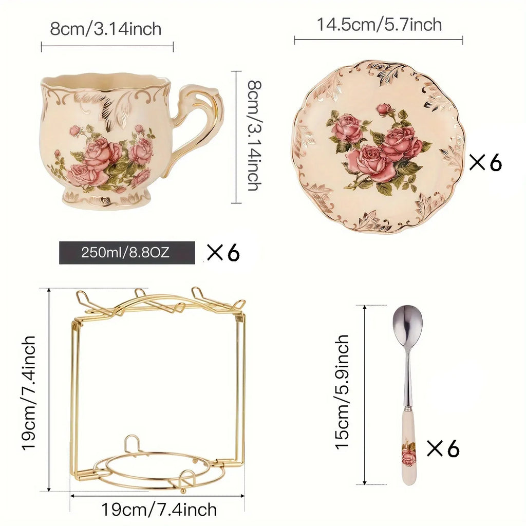 Service À Thé Floral En Céramique Avec Support Doré