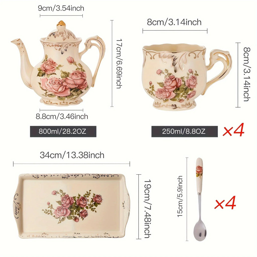 Service À Thé Floral En Céramique Avec Support Doré