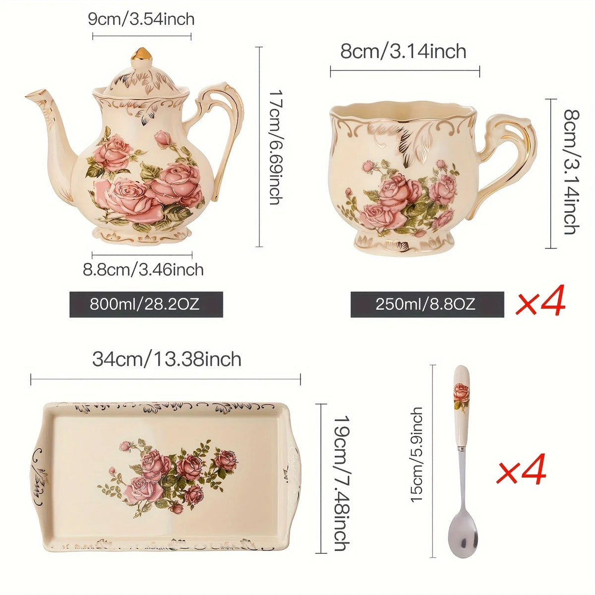 Service À Thé Floral En Céramique Avec Support Doré