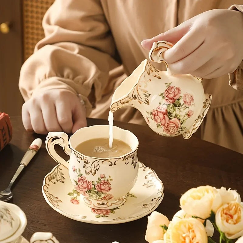 Service À Thé Floral En Céramique Avec Support Doré