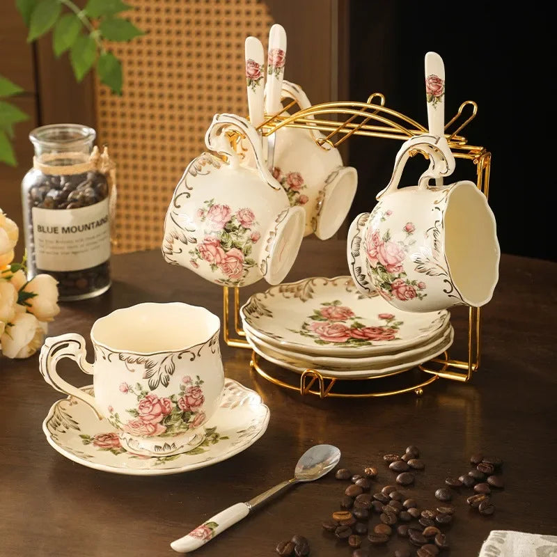 Service À Thé Floral En Céramique Avec Support Doré