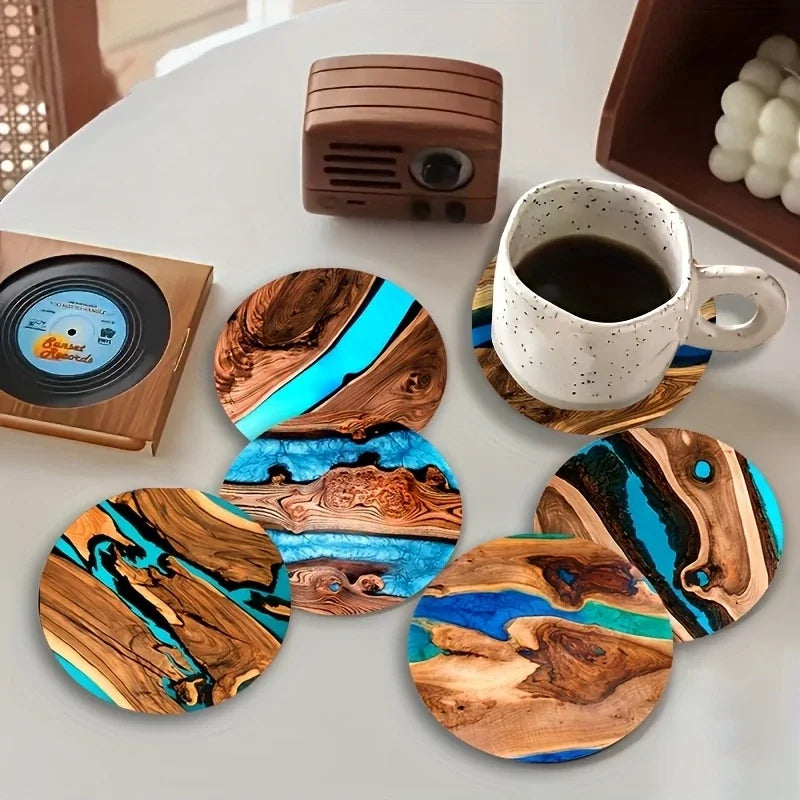 Sous-Verres Ronds en Bois Motif Bleu-Vert