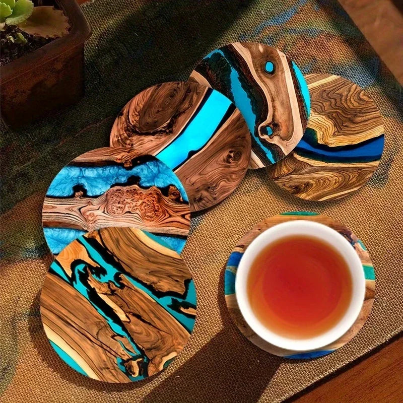 Sous-Verres Ronds en Bois Motif Bleu-Vert