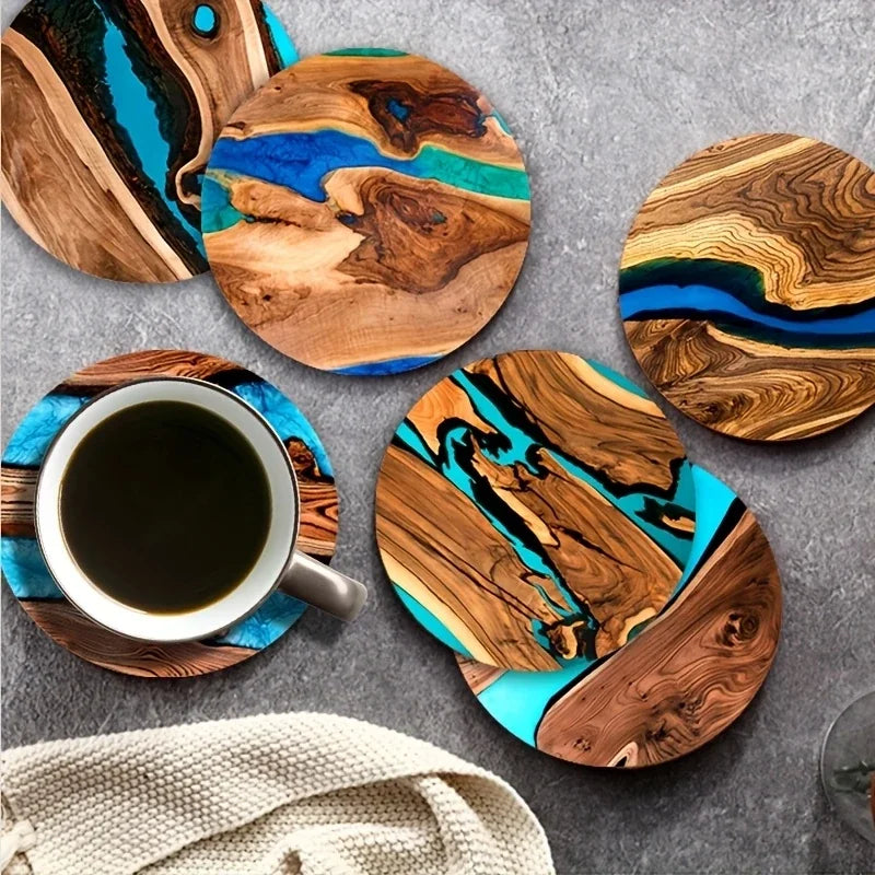 Sous-Verres Ronds en Bois Motif Bleu-Vert