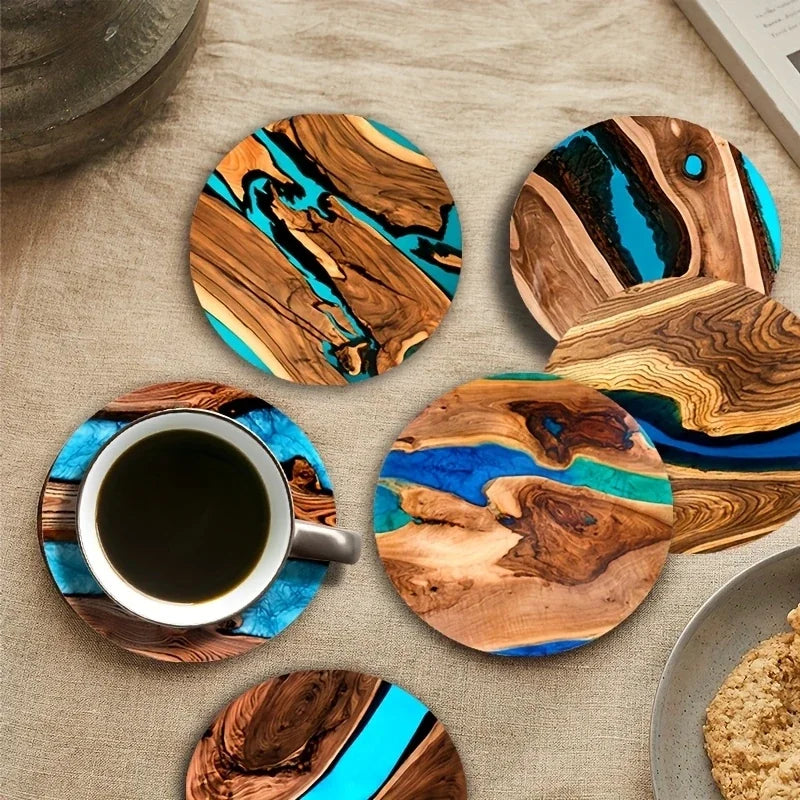 Sous-Verres Ronds en Bois Motif Bleu-Vert
