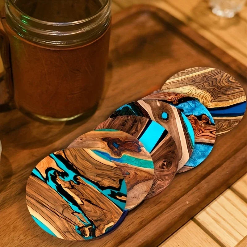Sous-Verres Ronds en Bois Motif Bleu-Vert