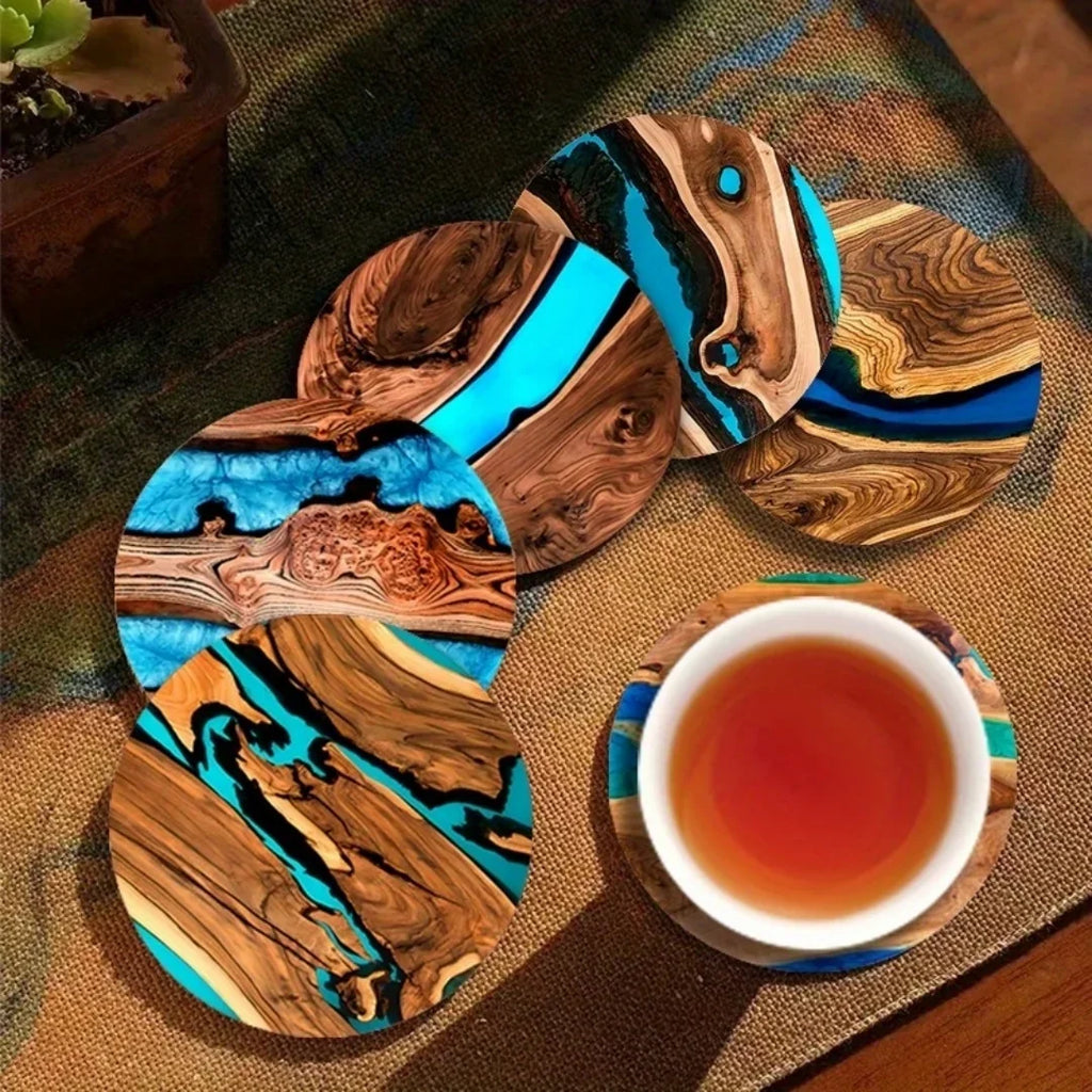 Sous-Verres Ronds en Bois Motif Bleu-Vert