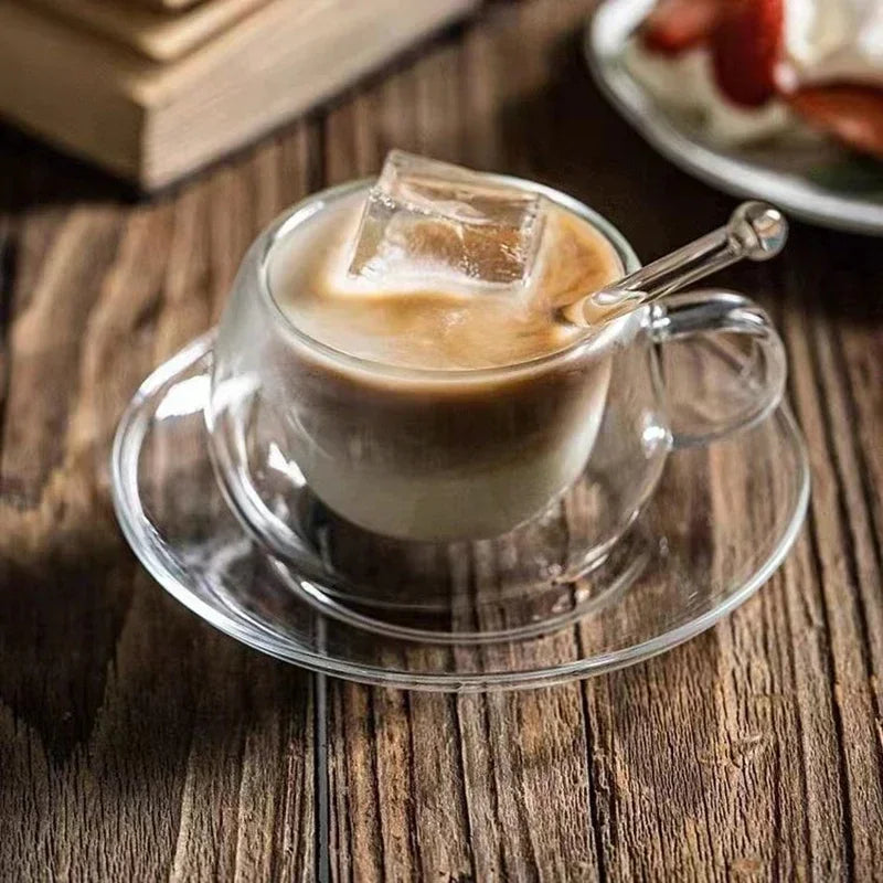 Tasse à Café en Verre Double Paroi avec Soucoupe